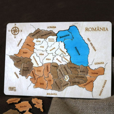 Puzzle Dublu Din Lemn, Gravat, Harta Romaniei Pe Judete Si Regiuni