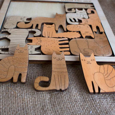 Puzzle din lemn natur - Aduna pisicute vesele