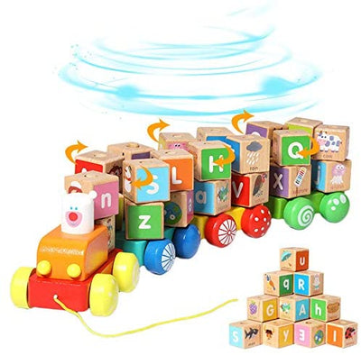 Trenulet din lemn cu cuburi de construit - Tren si cuburi alfabet in engleza