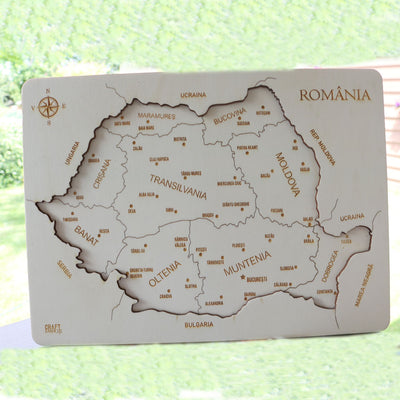 Puzzle din lemn natur - Harta Romaniei gravata pe Judete si Orase
