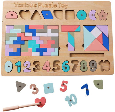 Tangram - Tetris din lemn in culori pastel cu numere si forme geometrice magnetice