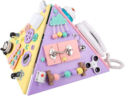 Piramida educativa din lemn in stil Montessori cu multiple activitati - Piramida Busy board pastel