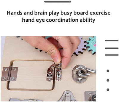 Placa din lemn in stil Montessori Busy Board - Placa senzoriala cu 13 activitati