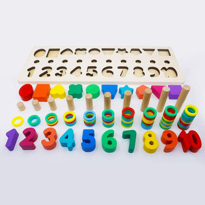 Joc din lemn 3 in 1 - Logarithmic cercuri colorate, forme geometrice si cifre