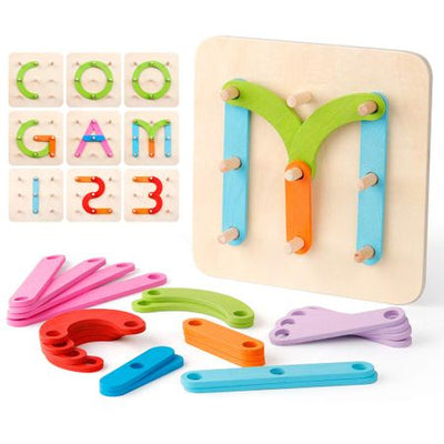 Joc din lemn Montessori -  Geoboard litere, cifre si culori