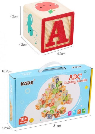 Cuburi din lemn cu reprezentare grafica pe fiecare fateta - ABC Kabi