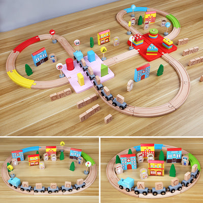 Trenulet din lemn cu 100 piese -Tren cu vagoane alfabet, forme geometrice de stivuit si accesorii