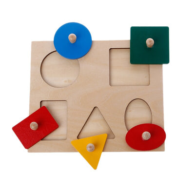 Joc din lemn in stil Montessori - Puzzle cu 5 forme geometrice cu prindere tip buton