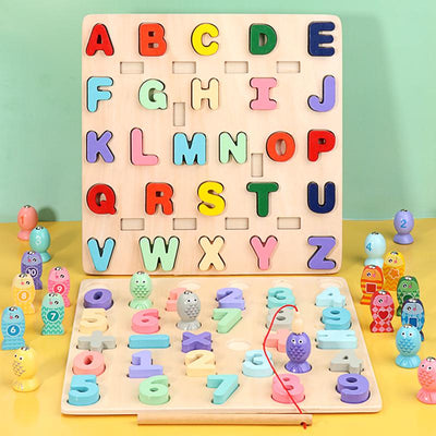 Puzzle din lemn 2 in 1 - Alfabet 3D cu litere mari si pescuit de pestisori