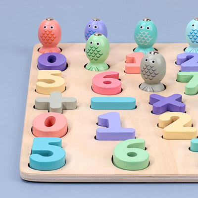 Puzzle din lemn 2 in 1 - Cifre 3D si pescuit de pestisori in culori pastel