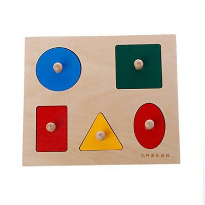 Joc din lemn in stil Montessori - Puzzle cu 5 forme geometrice cu prindere tip buton