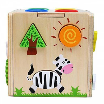 Cub educativ din lemn in stil Montessori - Sortator, labirint, ciocanel cu bile