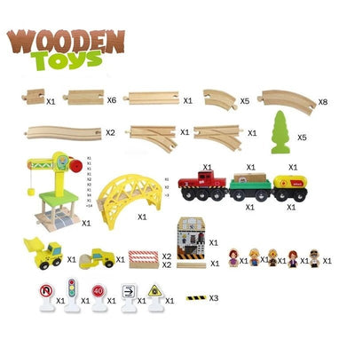 Set din lemn cu 70 accesorii - Tren cu sine, figurine si accesorii Pe Santier