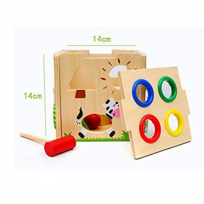 Cub educativ din lemn in stil Montessori - Sortator, labirint, ciocanel cu bile