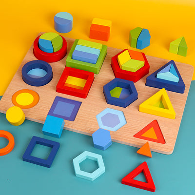 Puzzle incastru din lemn cu 36 forme geometrice - Parte, intreg si stivuire pe culori