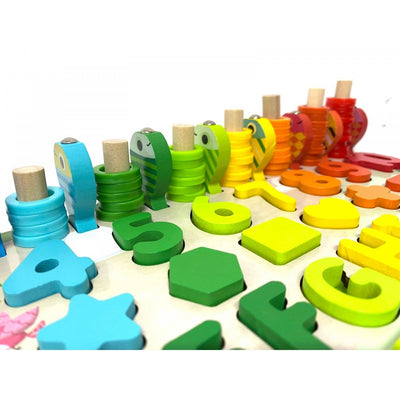 Joc din lemn 6 in 1 - Logarithmic cercuri colorate, litere, cifre si operatii matematice, forme geometrice si animale