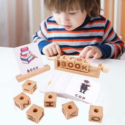 Joc educativ cartonase si cuburi din lemn - Invata primele cuvinte in Engleza