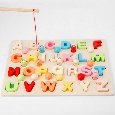 Joc din lemn in stil Montessori 3 in 1 - Invatam alfabetul, pescuim si potrivim