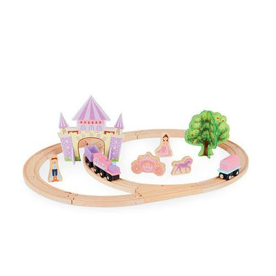 Circuit din lemn in nuante de roz - Tren, palat si personaje, set cu 25 piese