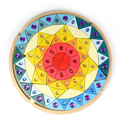 Joc din lemn stil puzzle - Mandala curcubeu cu pietre sclipitoare