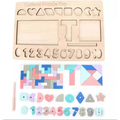 Tangram - Tetris din lemn in culori pastel cu numere si forme geometrice magnetice